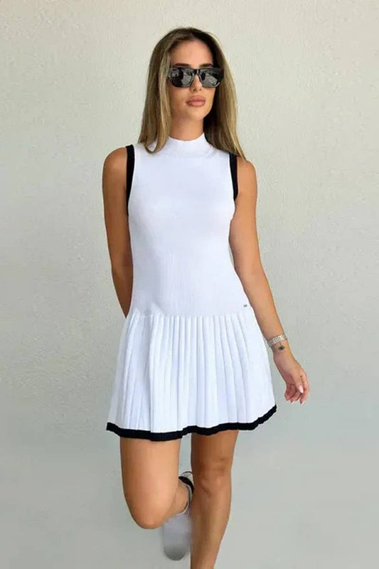 CWDSD6609_CREW NECK RUFFLED A-LINE KNIT MINI DRESS