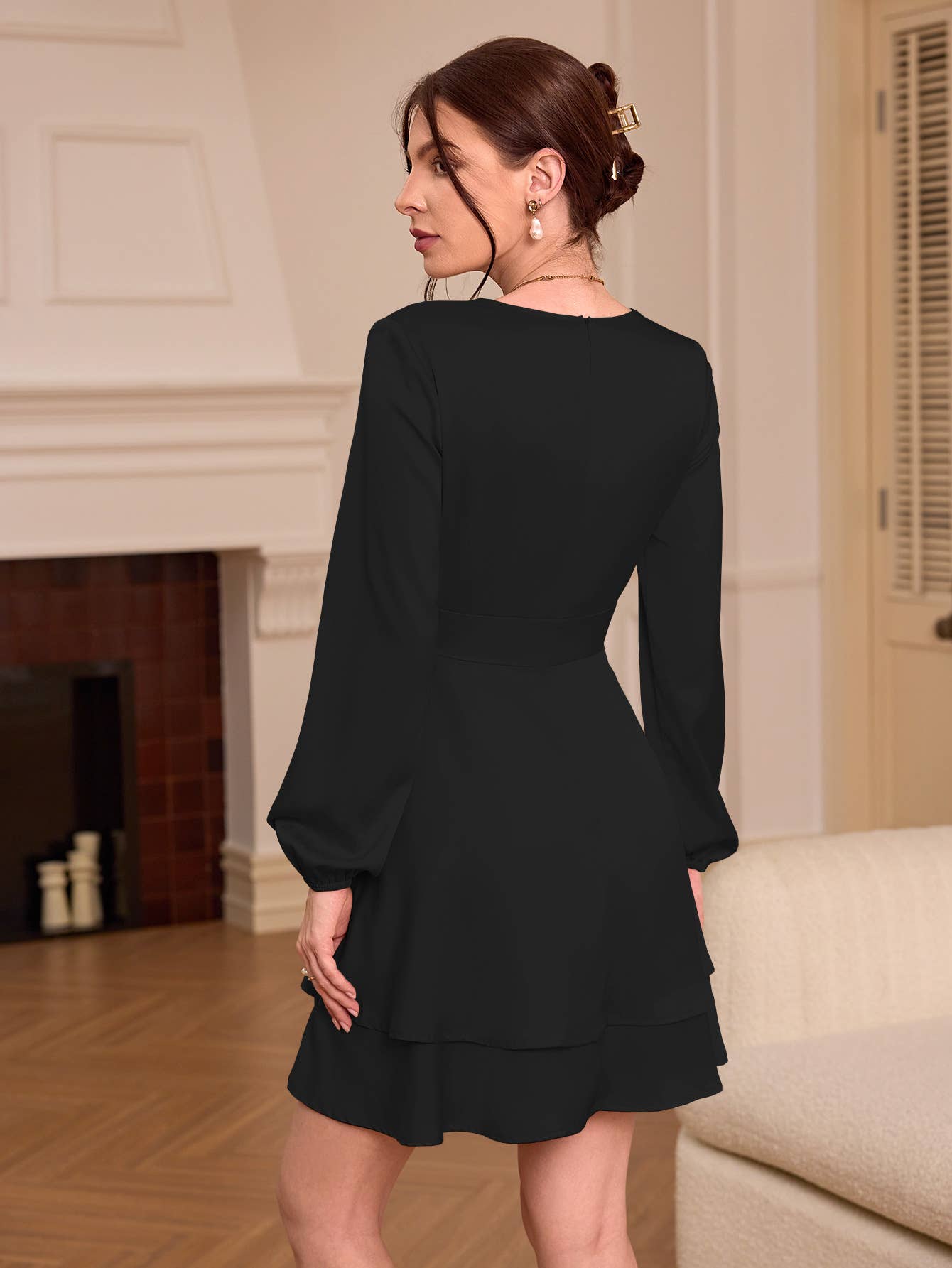 Elegant Satin V-Neck Dress with Puff Sleeves