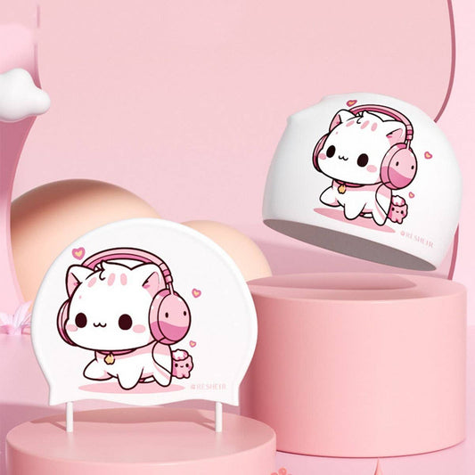 Girls Silicone Swim Cap Waterproof Cartoon Print