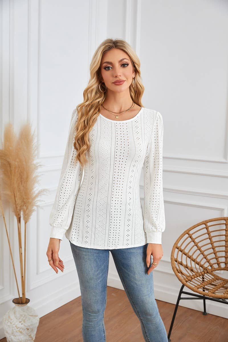 ROUND NECK T-SHIRT WITH HOLES AND PUFFY SLEEVES