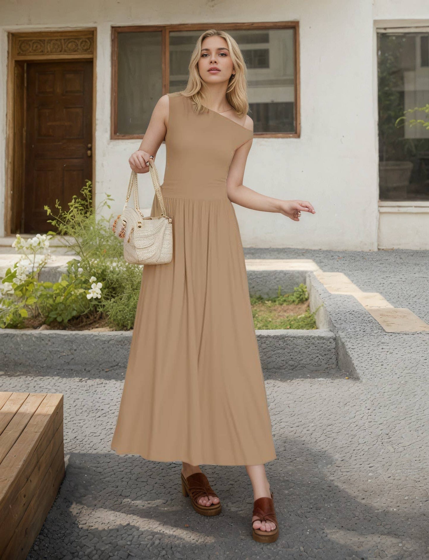 Women¡¯s one-shoulder pocketed sleeveless dress