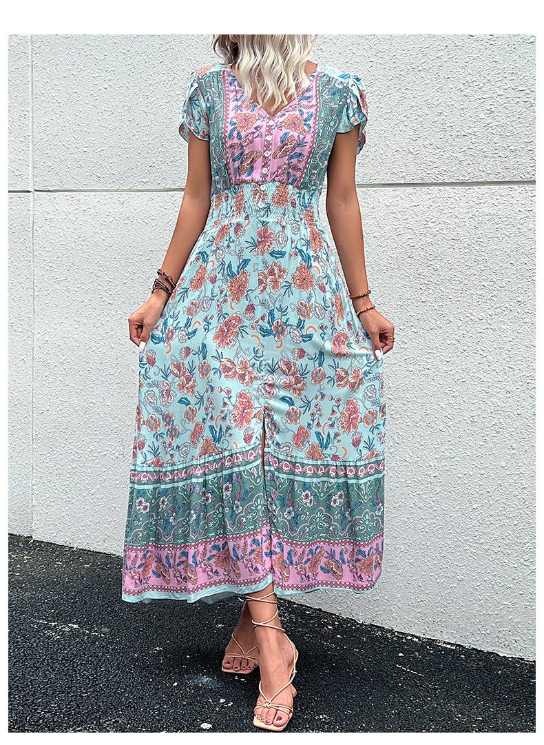 oho V Neck Split Hem Ethnic Print Dress