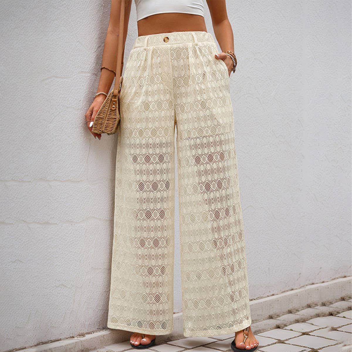 Lace sheer high waist elastic wide leg pants