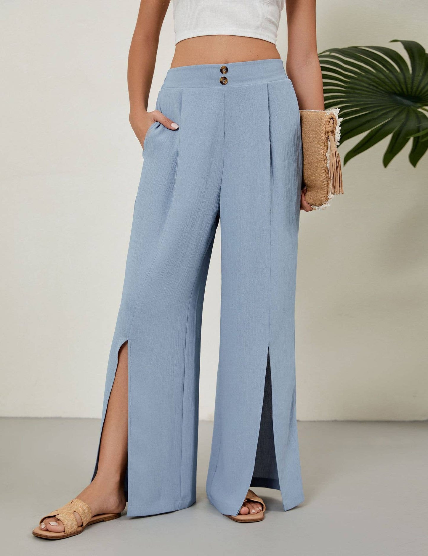 High-waisted stretched-waist slit wide-leg pants