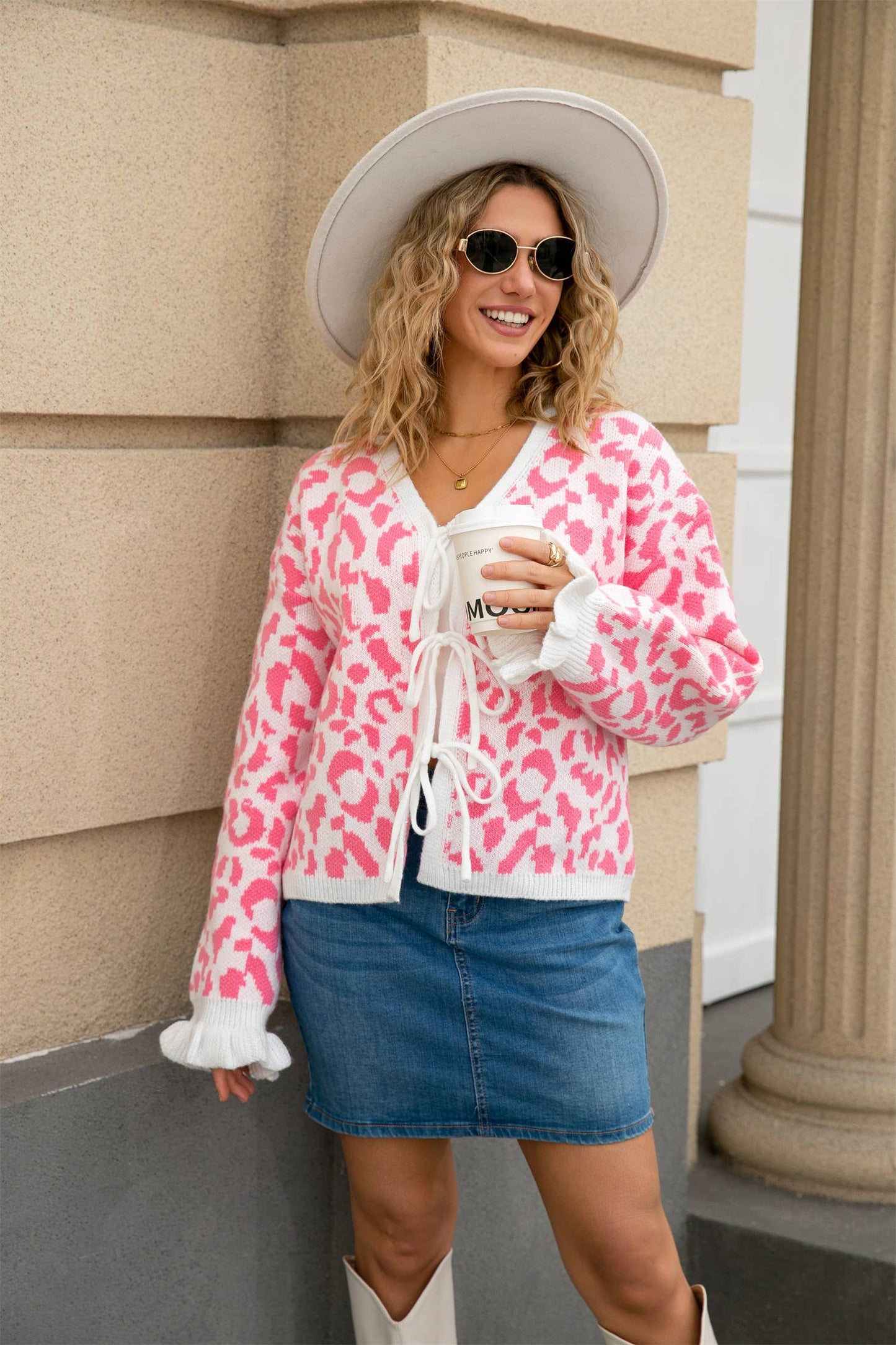 Leopard loose long-sleeved lace-up cardigan