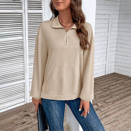 LAPEL LONG SLEEVE TOP ZIPPER LOOSE CASUAL HOODIE