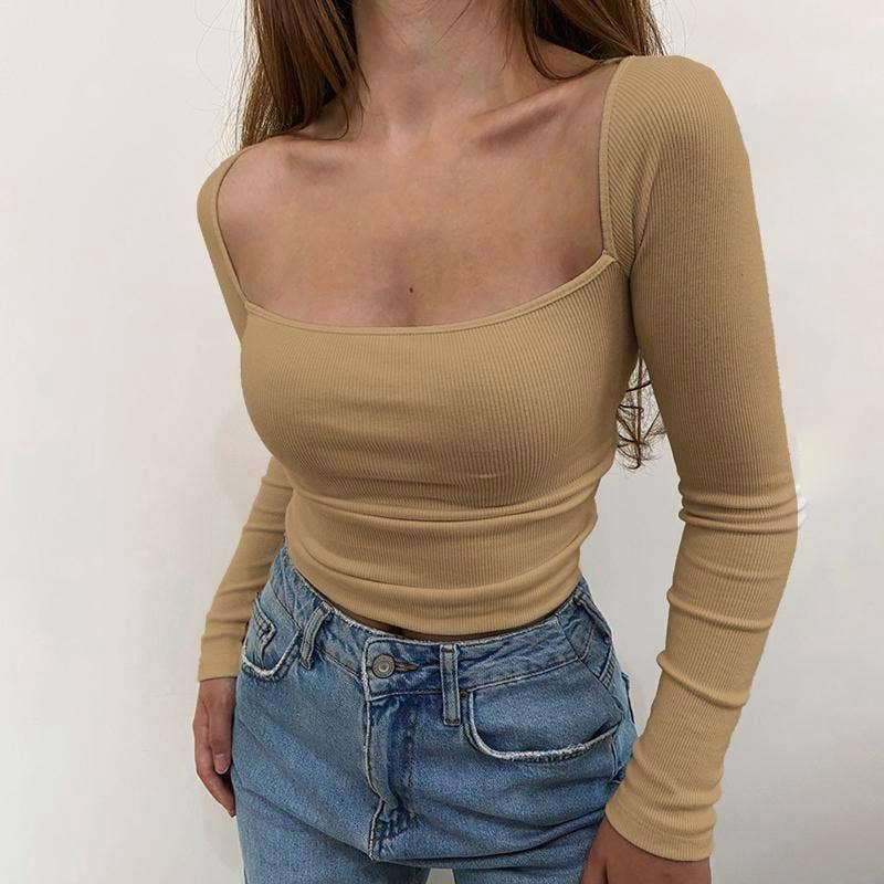 Simple slim vertical pattern knitted square collar top