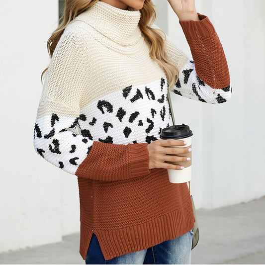 Leopard print patchwork lazy loose fashion pullover sweater