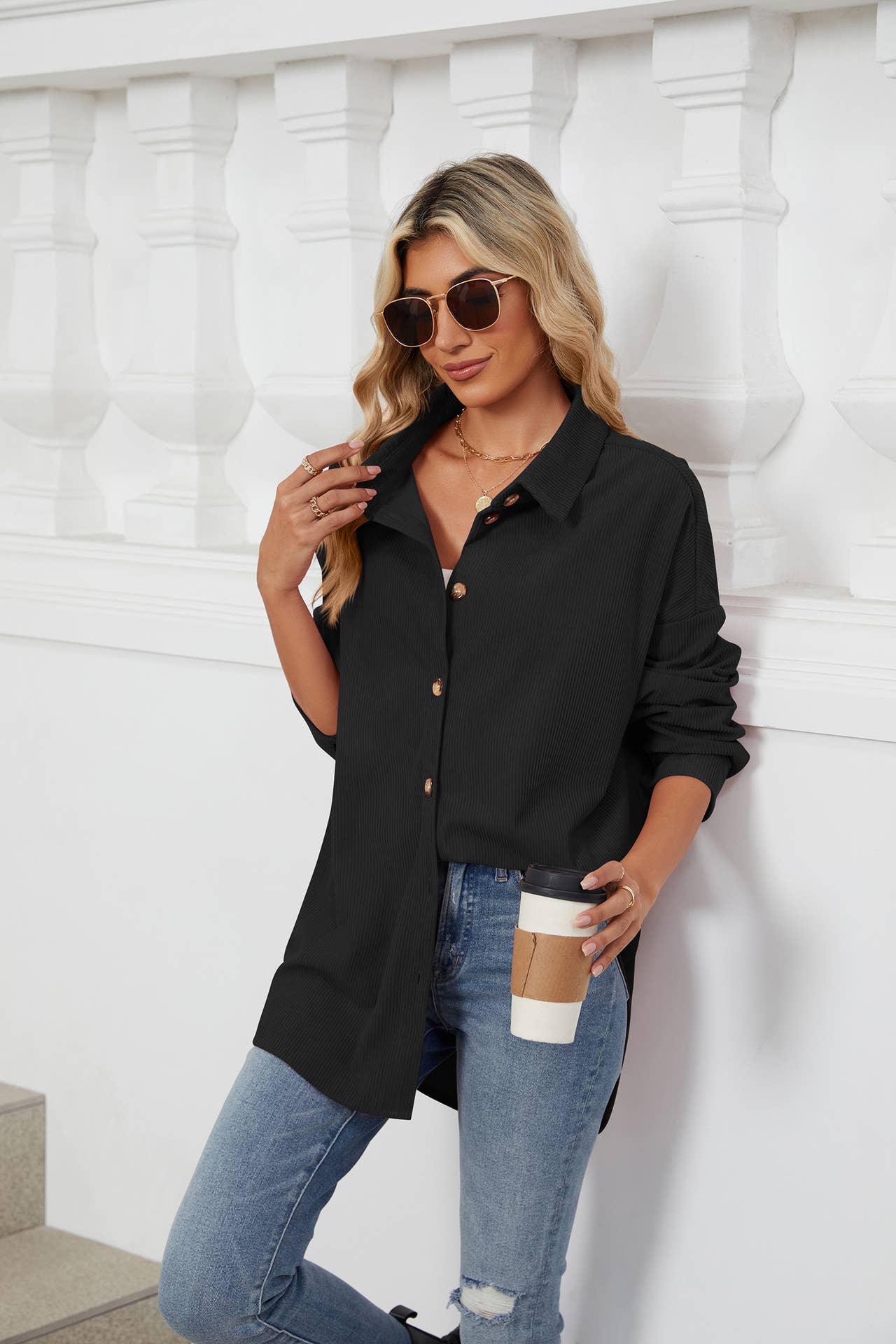 LAPEL BUTTON-DOWN LONG-SLEEVED SHIRT JACKET