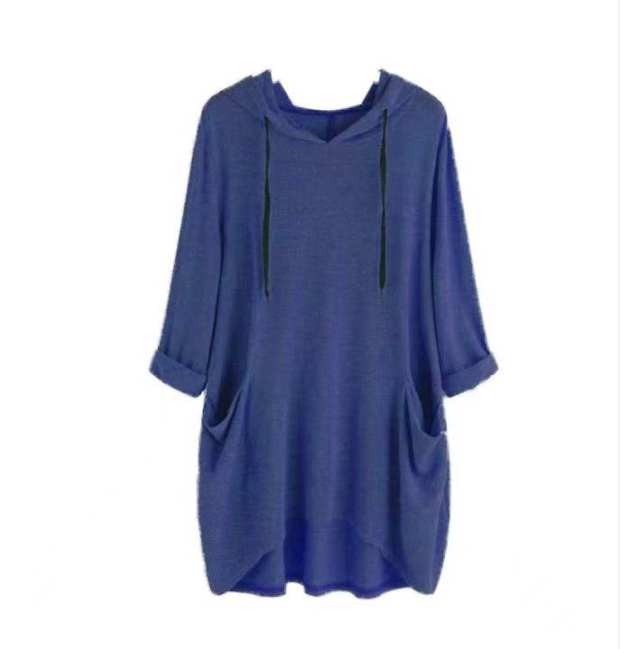 HOODED SOLID COLOR BAGGY IRREGULAR POCKET TOP