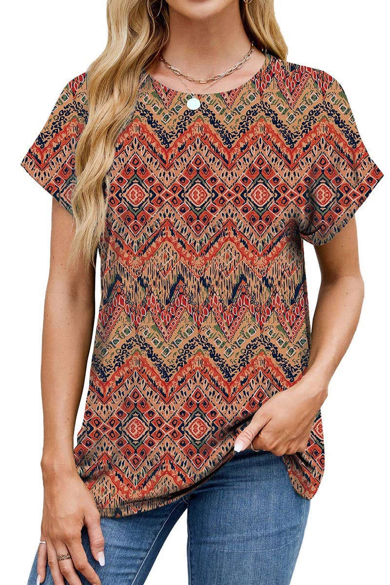 Cwtbls1742_Printed Crew Neck Loose Short Sleeve T-Shirt Top