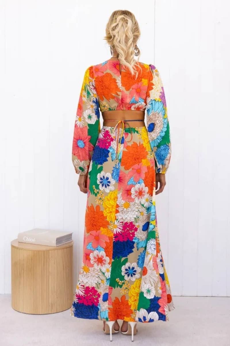 CWDMD4035_FASHION FLOWER LANTERN SLEEVE DRESS LONG