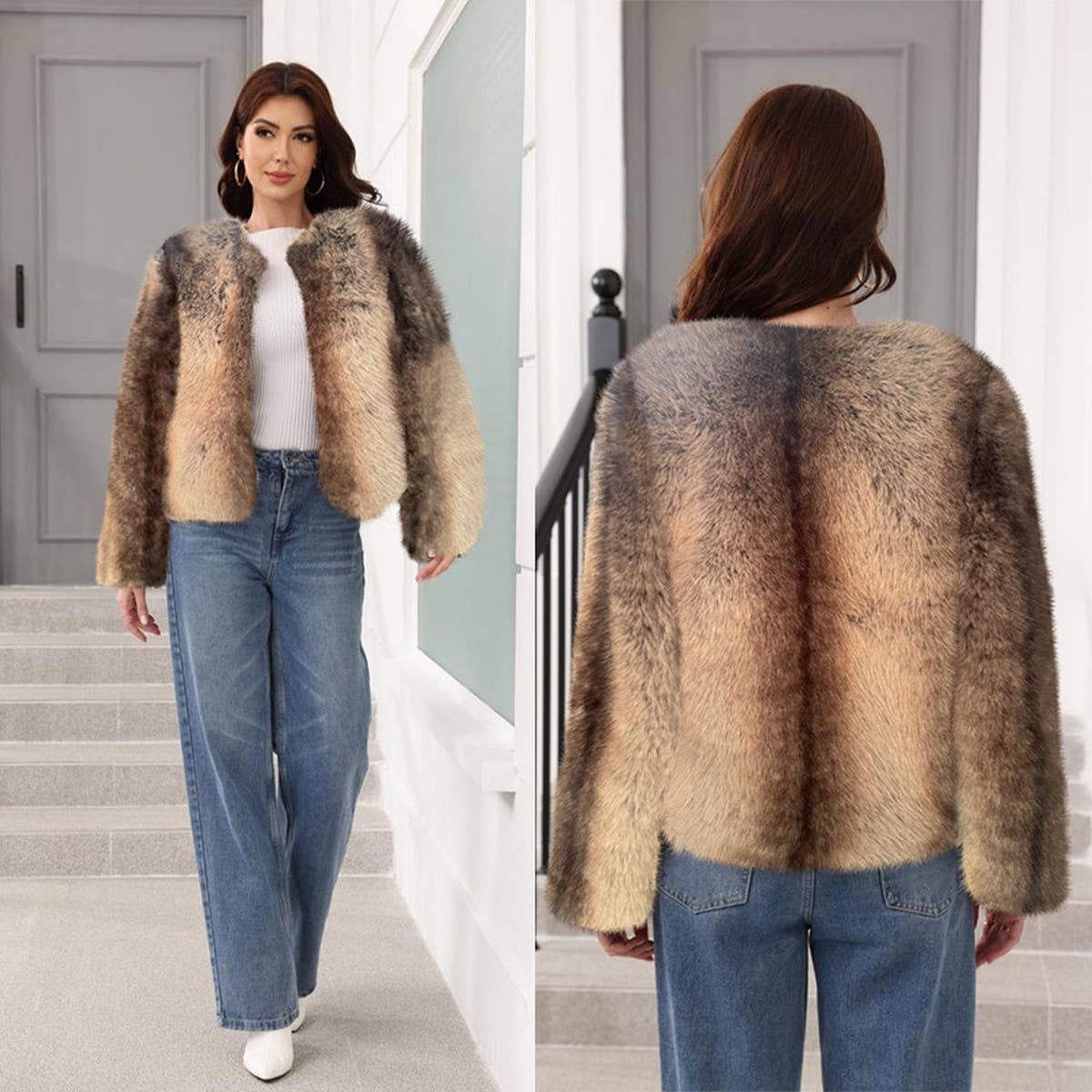 Striped Faux Fox Fur Short Coat for Women_CWMM9113
