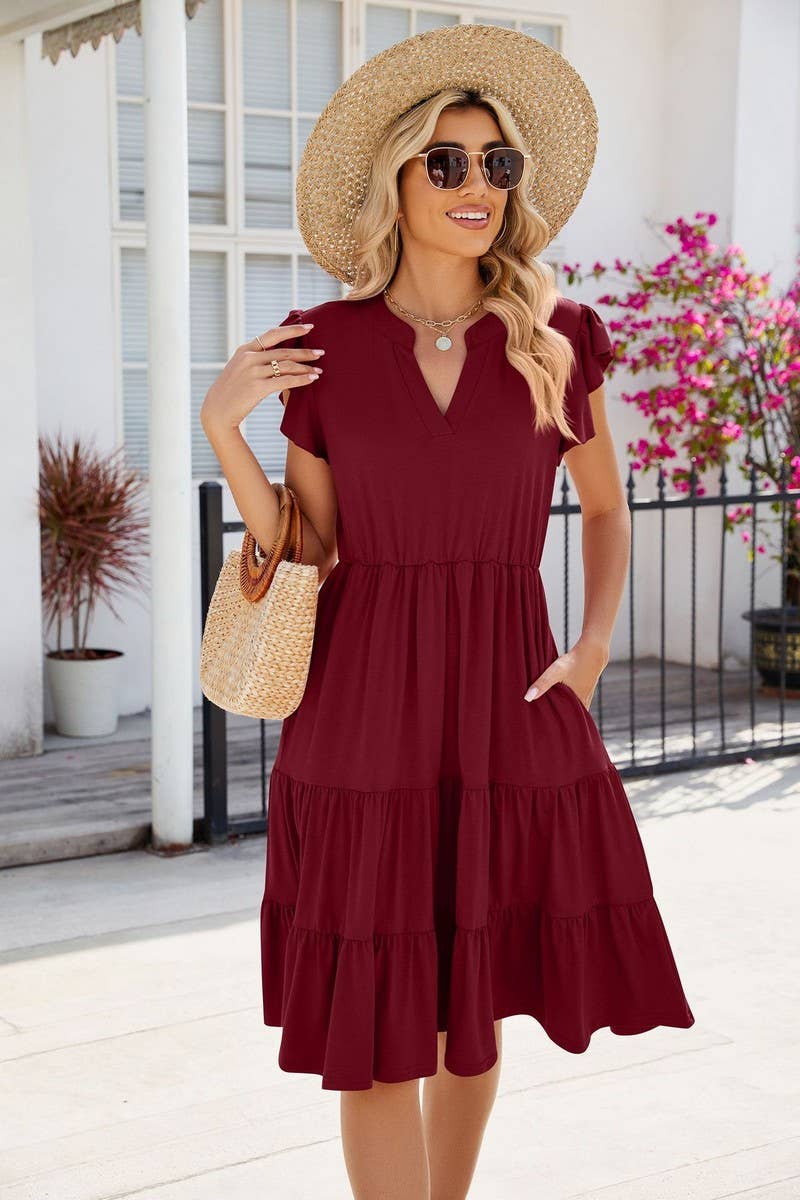 V NECK LOTUS SHORT SLEEVE SOLID COLOR DRESS_CWDSD2774