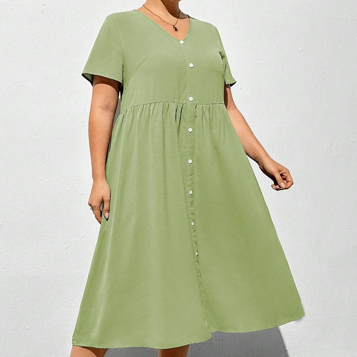 V-NECK SOLID COLOR FITTING HIGH WAISTED DRESS