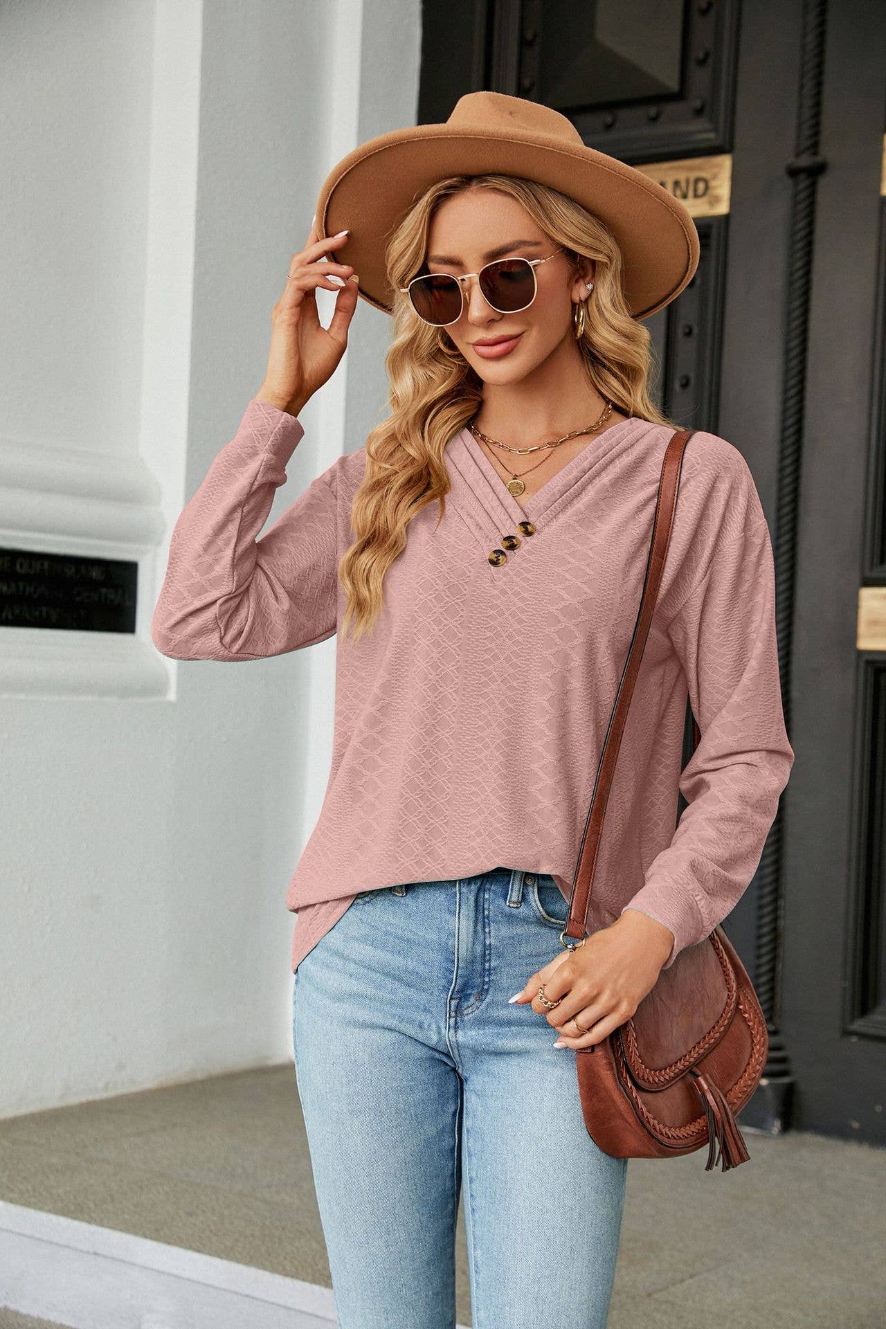 SOLID COLOR V-NECK BUTTON LONG-SLEEVED T-SHIRT