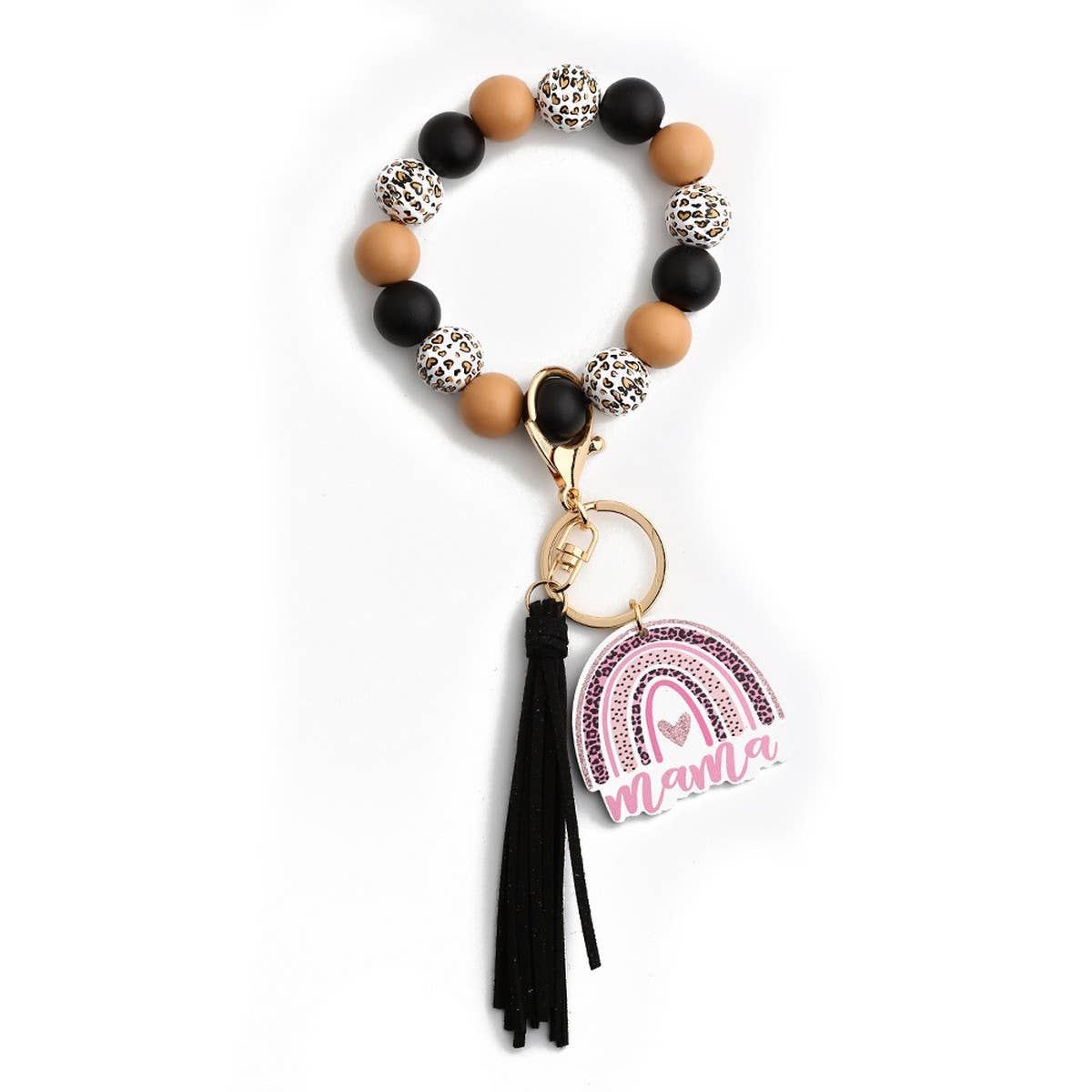 Leopard Wood Bead Bracelet Heart Keychain_CWAB5075