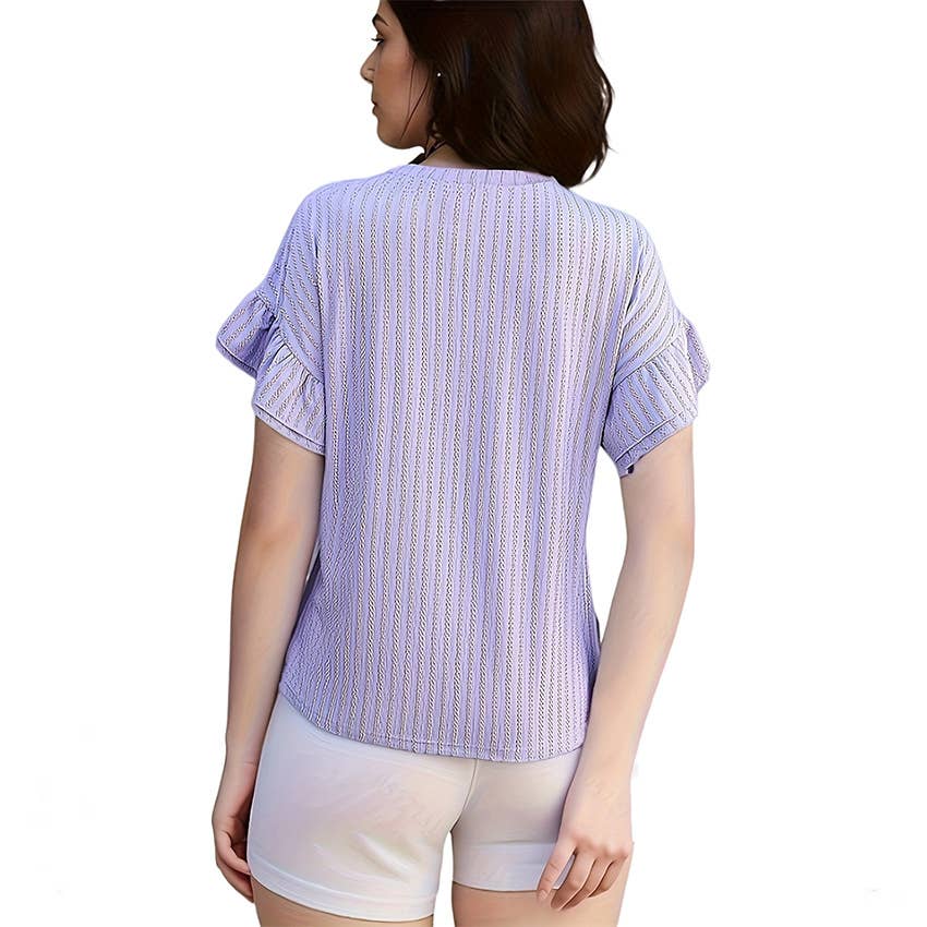 Round neck short sleeve T-shirt with lotus sleeves