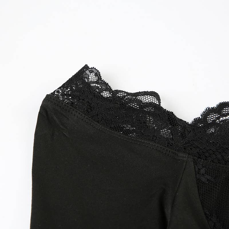 U-neck slim fit lace patchwork long sleeve Top