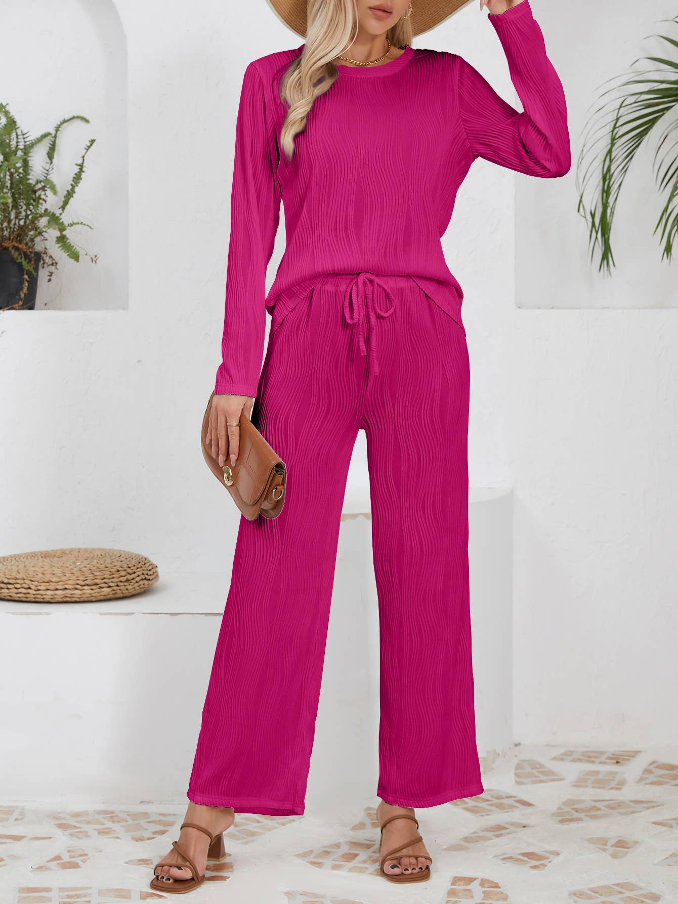 Solid-color knitted jacquard long loose suit