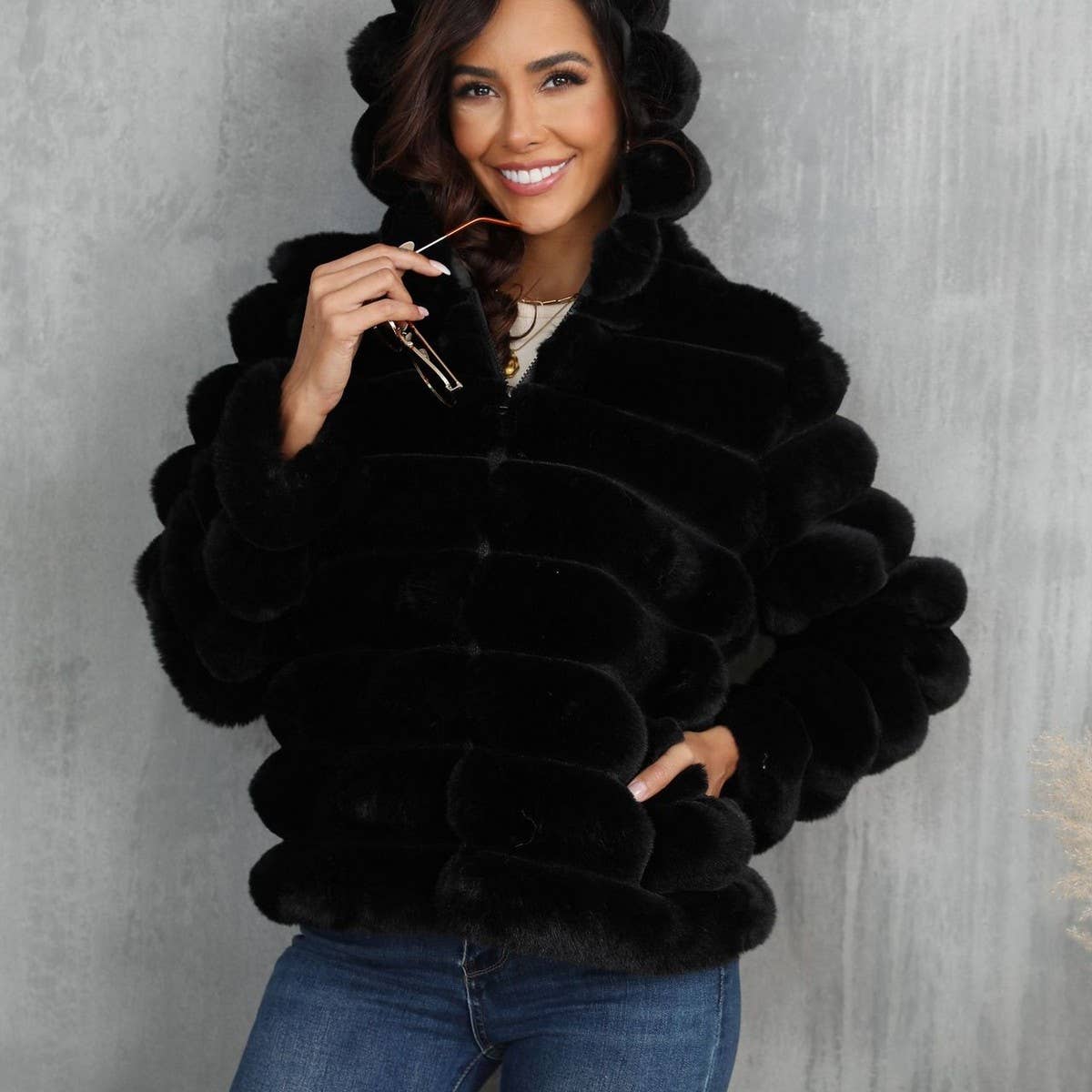 Women's Hooded Faux Fur Striped Short Coat