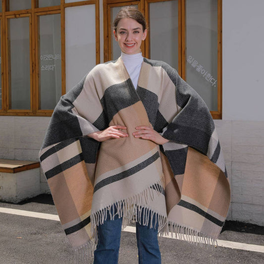 SIMPLE TASSEL PATTERN WIDE HORIZONTAL STRIPE SHAWL_CWASC0939