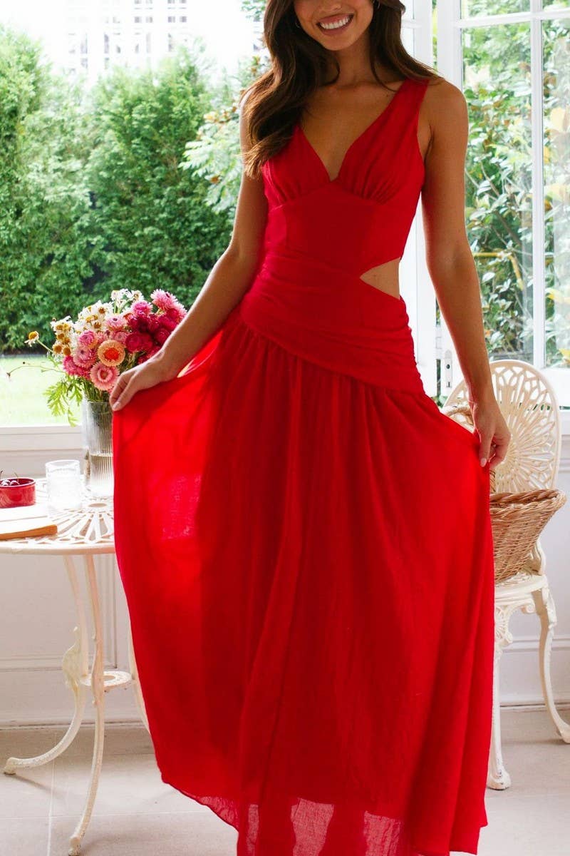 CWDMD5647_V-NECK SLEEVELESS COLORBLOCK MAXI FLARE DRESS