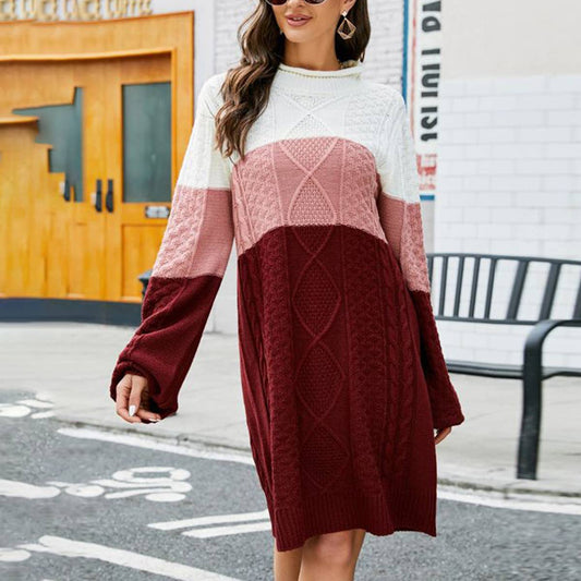 LONG SLEEVE SWEATER DRESS IN CONTRASTING COLORS