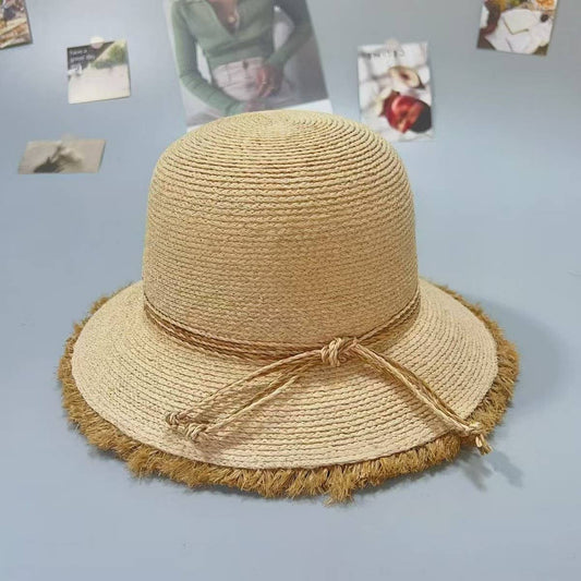 Summer high-end round top fur-edged straw hat_CWAH3577