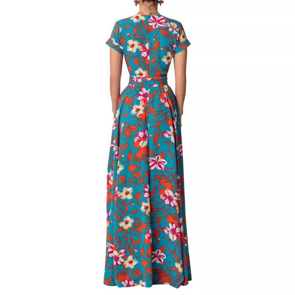 Lace-up print waist slit dress