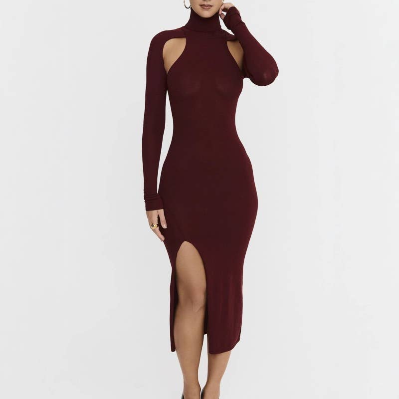 SEXY CUTOUT SLIM HIGH NECK SLIT MIDLENGTH DRESS