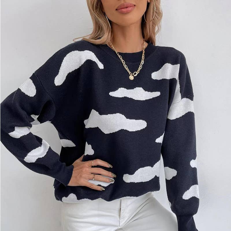 Round-neck black and white jacquard sweater