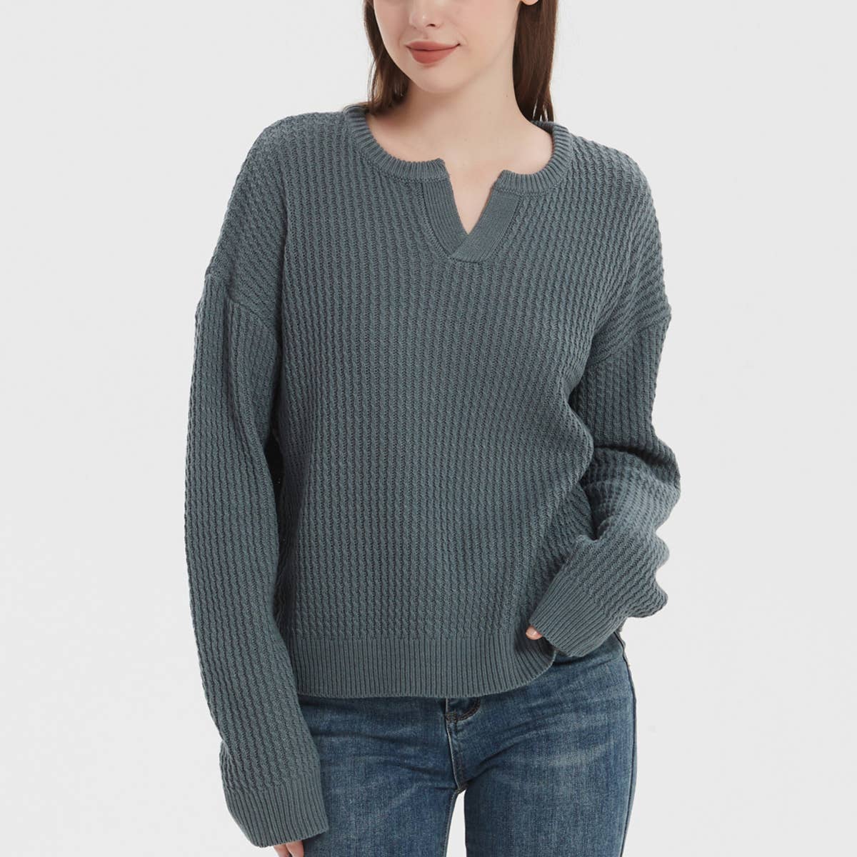 V-neck sweater Solid color loose pullover sweater