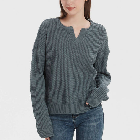 V-neck sweater Solid color loose pullover sweater