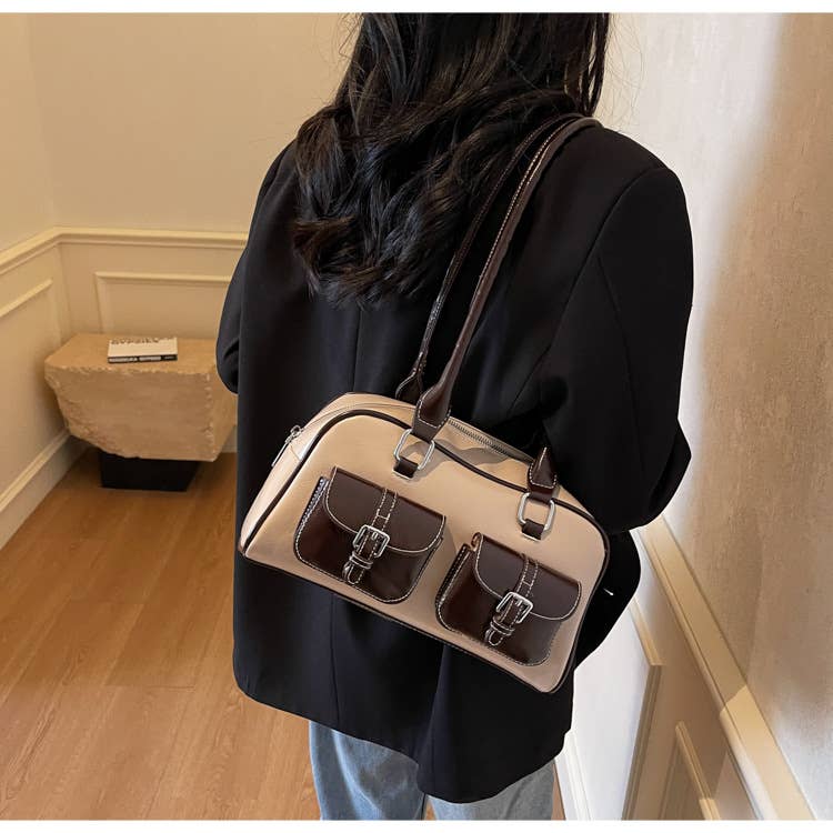 Fashionable color-blocking single-shoulder bag