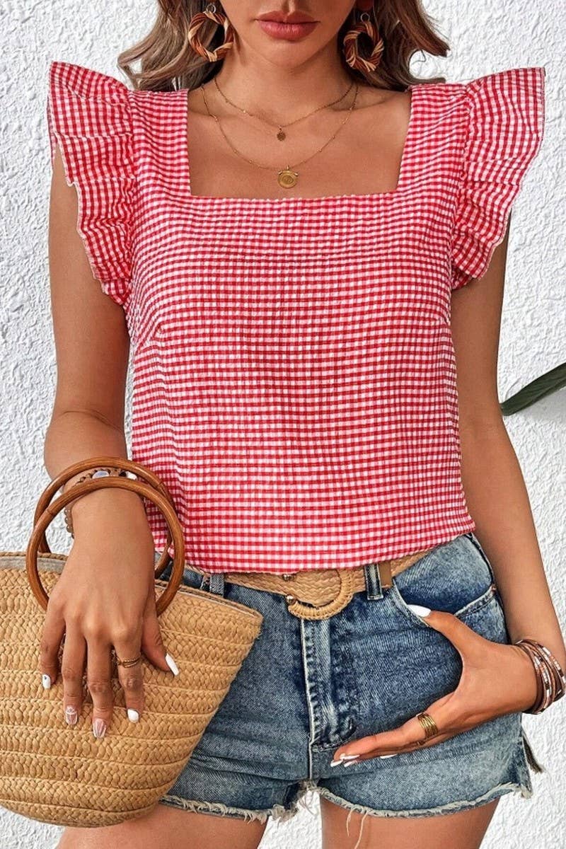 Cwtblsl0969_Plaid Ruffle Square Neck Blouse Top