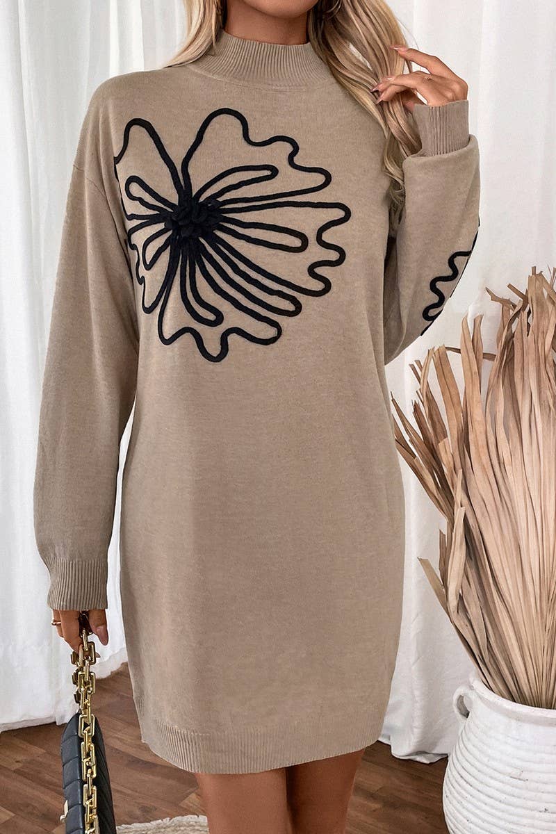 CWDSD7266_AUTUMN AND WINTER MID COLLAR FLORAL SWEATER DRESS