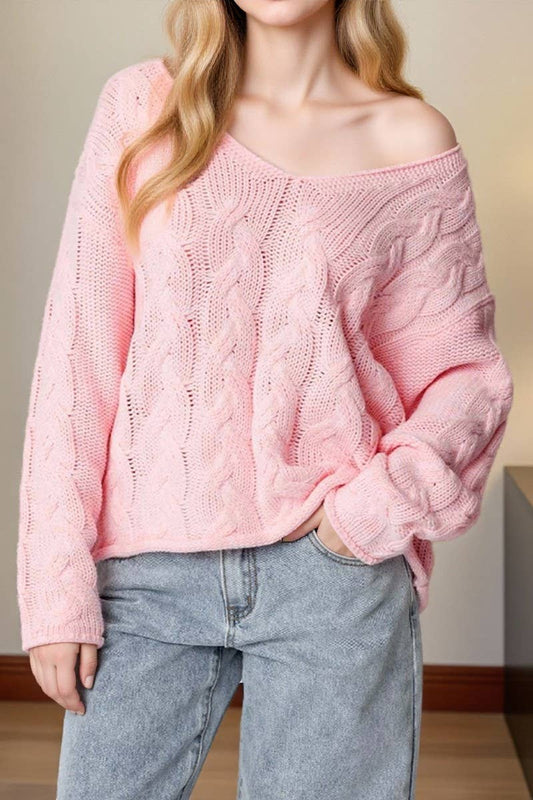 CWOSWL07422_LOOSE V NECK CABLE KNIT PULLOVER SWEATER