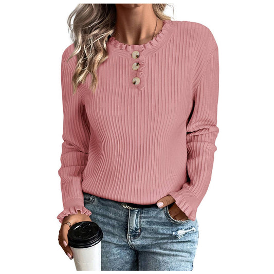 ROUND NECK WOODEN EAR NECK WOMEN'S KNITTED TOP