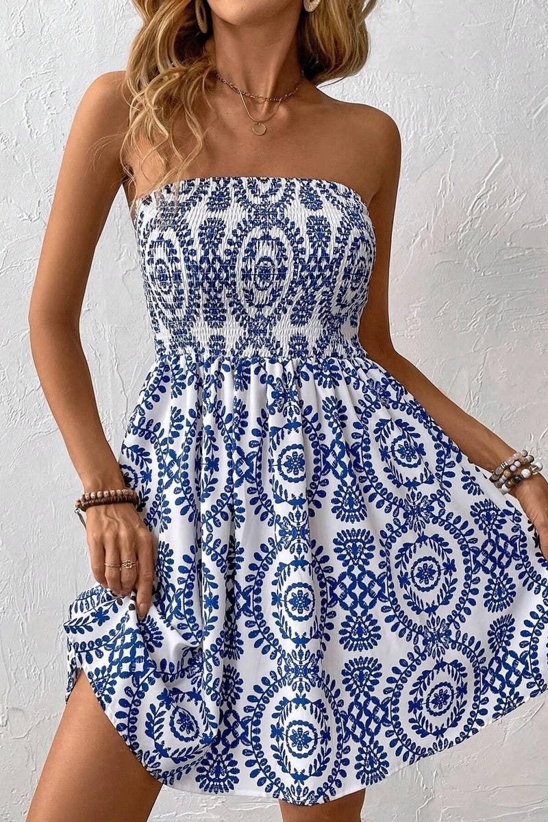 CWDTD0409_BLUE PRINTED TUBE TOP DRESS