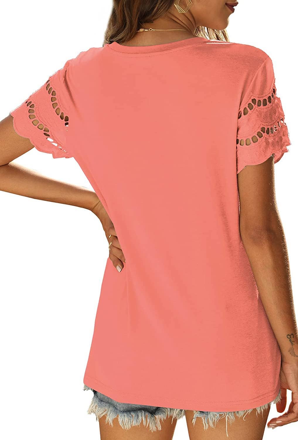 LACE PATCHWORK SHORT SLEEVE T-SHIRT CREW-NECK TOP