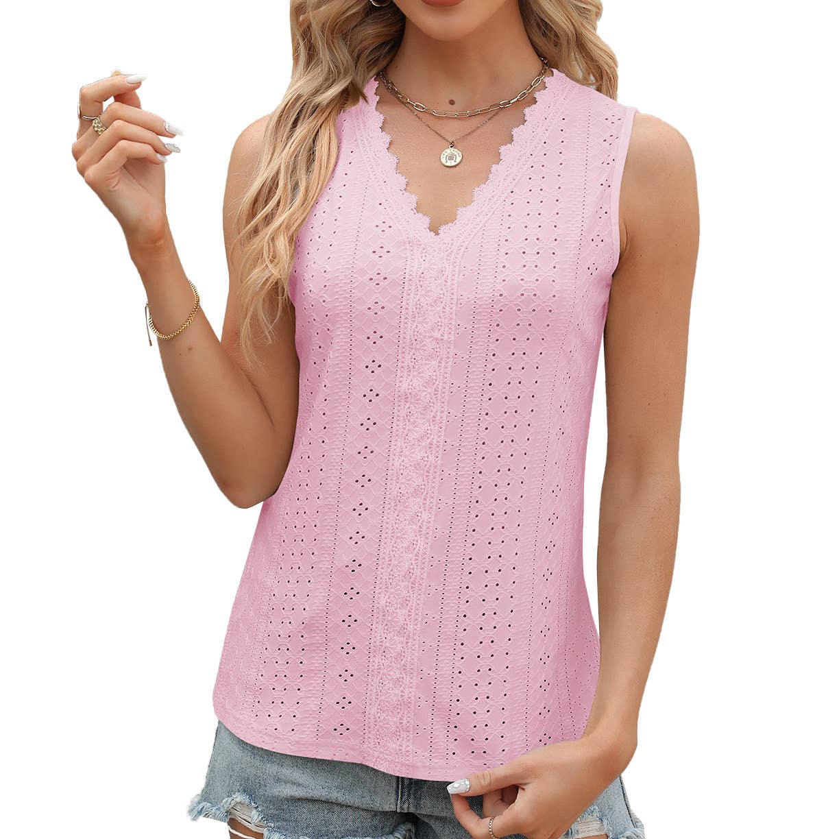 V-neck lace sleeveless solid color casual vest