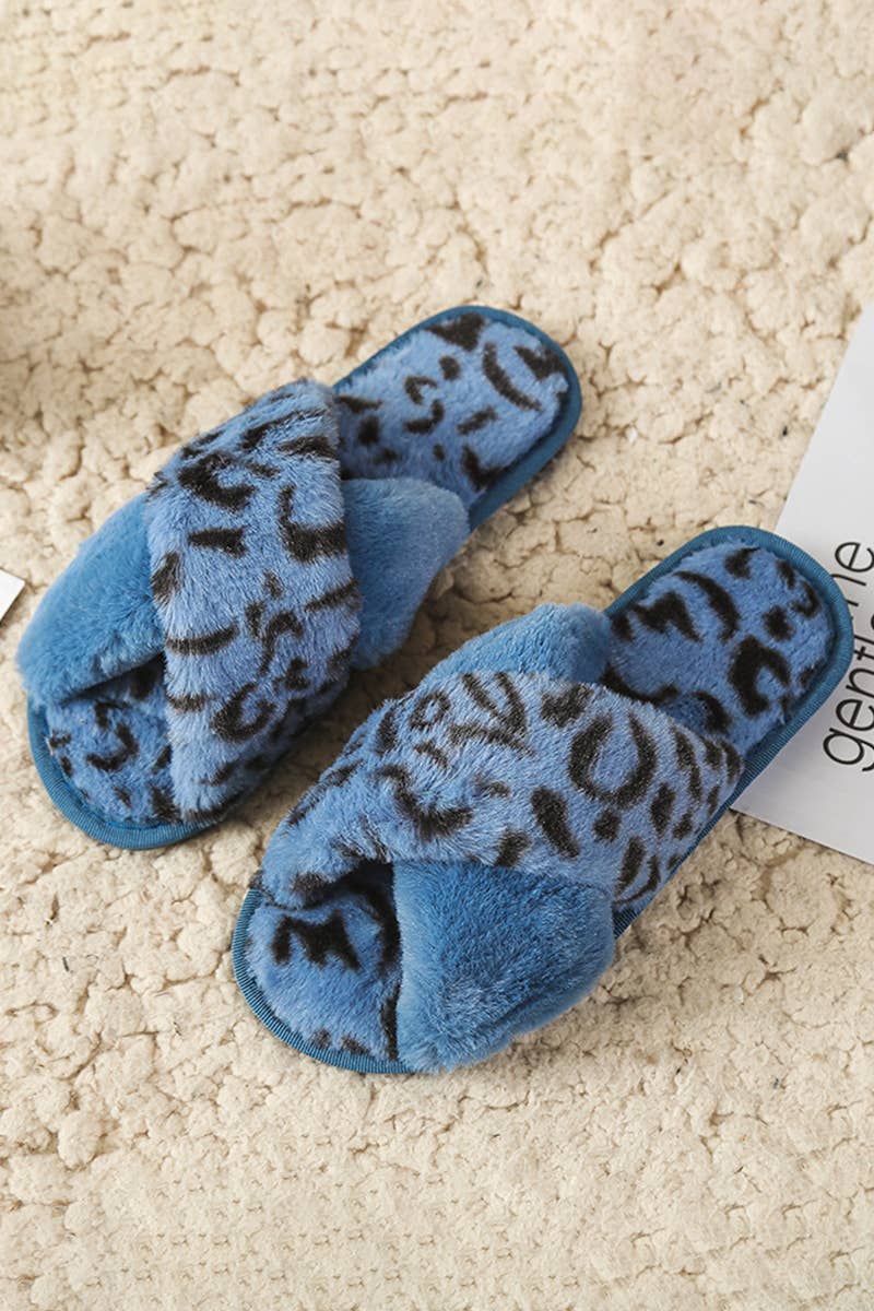 LEOPARD PATTERN CROSS FLUFFY HOME BEDROOM SLIPPERS