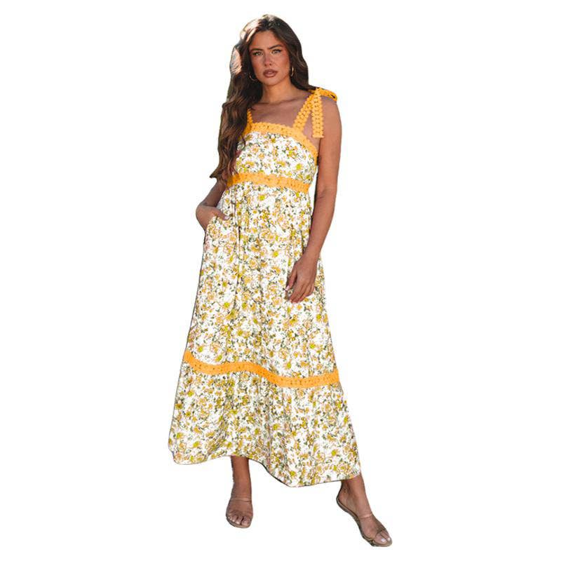 Sweet-style floral printed patchwork long dress