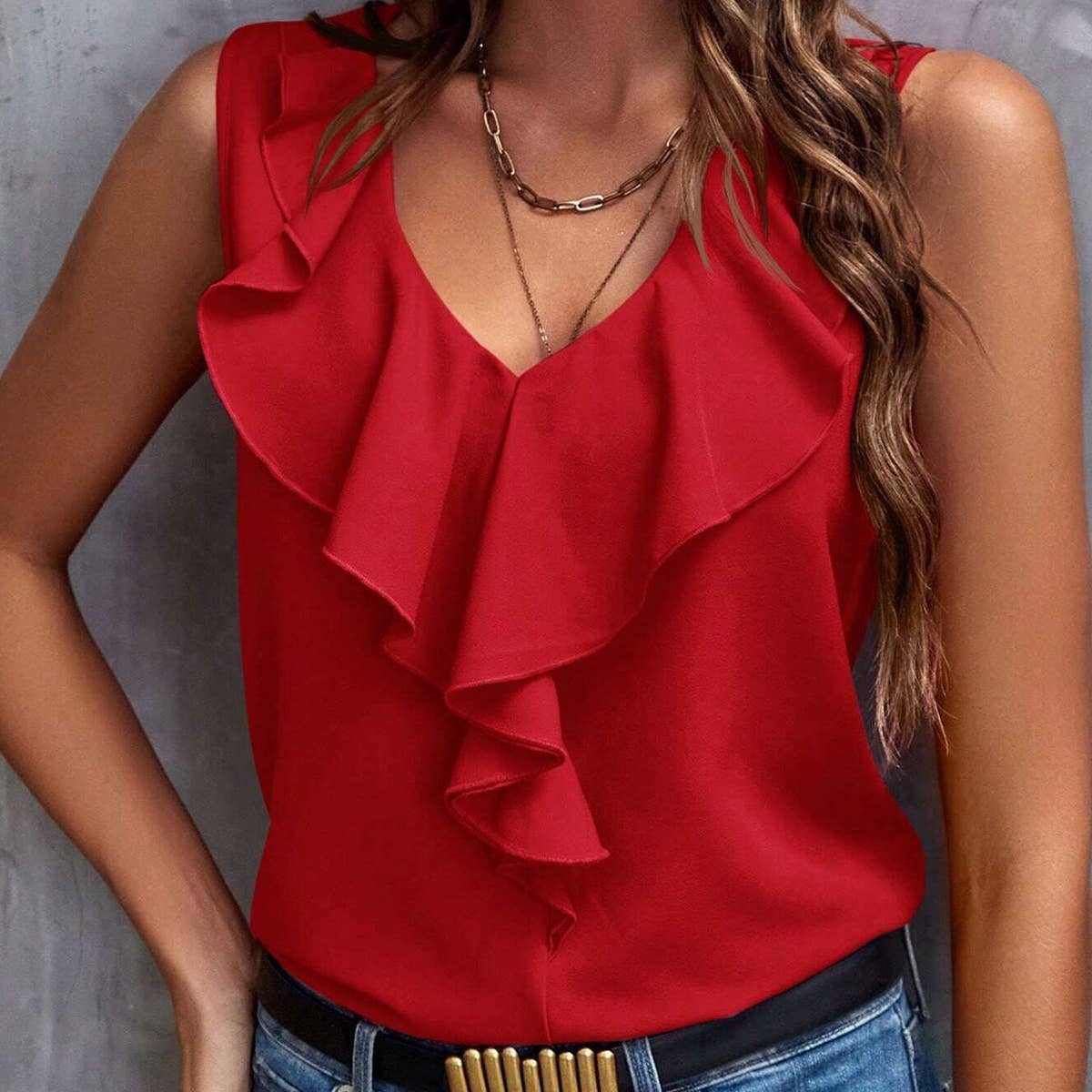 V-neck ruffled sleeveless top for women