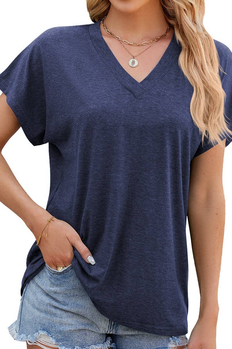 V NECK SOLID COLOR CASUAL SHORT SLEEVE PULLOVER_CWTSTS0198