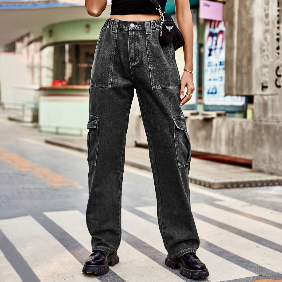 Casual Cargo Jeans ??Washed Half Elastic Waist_CWJP0626