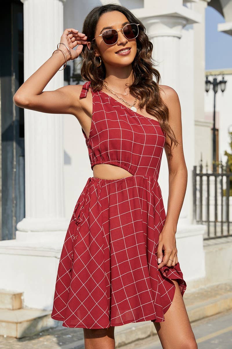 CWDSD2707_One Shoulder Tied Tiered Detailed Plaid Dress