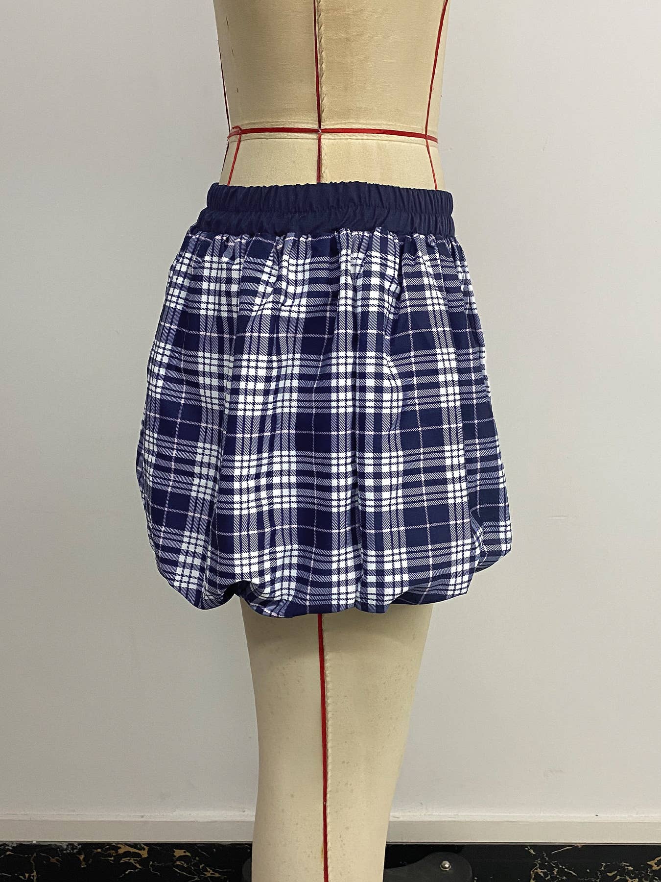 Retro checkered short flower bud skirt