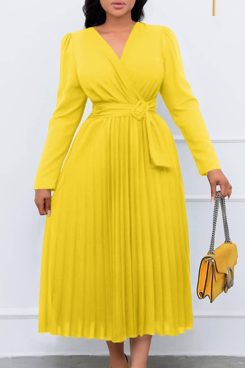 CWDMD3910_LACE-UP V-NECK LONG-SLEEVED PLEATED DRESS